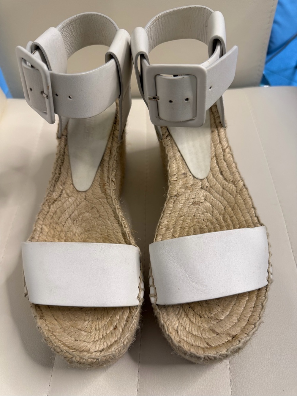 Vince White Leather Espadrille Wedge Sandals with Ankle Buckle Size 6